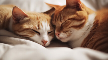 Fototapeta na wymiar a pair of cats lying next to each other on the bed, snuggling their faces against each other. close-up. Generative Ai