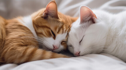 Fototapeta na wymiar two cats sleeping on a bed together. Generative Ai