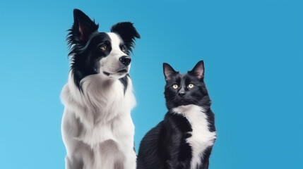 black and white dog and black and white cat portrait on blue background. Generative Ai