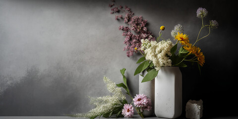 Generative AI, concrete background for product photography, stylish gray vases with fresh flowers, space for advertising, text, object, spring, lilac