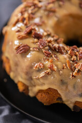 Chocolate pumpkin bundt cake with toffee glaze