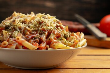 Tasty Italian pasta penne with tomato and cheese on a wooden table
