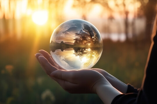 Woman's hand holding a crystal ball reflecting nature, Generative AI