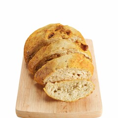 3d cut bread on a wooden board isolated on a white background.