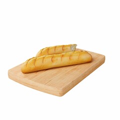 3d cut baguette on a wooden board isolated on a white background.