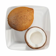 3d coconut on a plate isolated on a white background.
