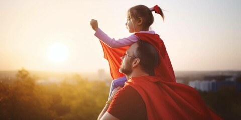 Happy loving family. Dad and his daughter playing outdoors. Daddy and child in an Superhero's...
