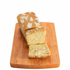 3d cut loaf of bread on a wooden board isolated on a white background.