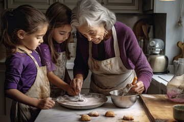 Fototapeta na wymiar Grandma making cookies with her grandchildren, Generative AI