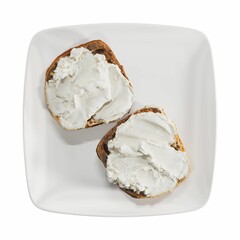 3D rendering illustration of two toasts with cream cheese isolated on a white background