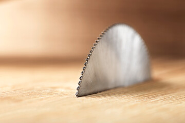 Circular saw cutting wooden plank. Circular milling in oak block.