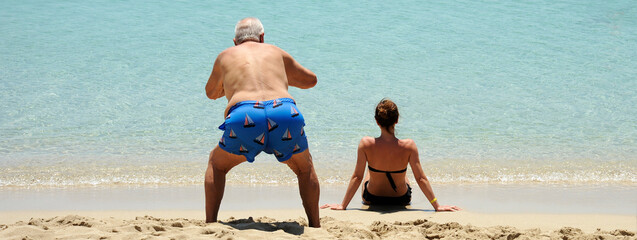 Horizontal banner or header with comic and funny situation. An elderly man takes photos of back...