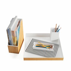 3D illustration of a desk with books and pencils isolated on white background