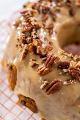 Chocolate pumpkin bundt cake with toffee glaze