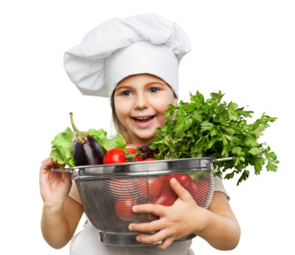 beautiful little girl with vegetables on a white background