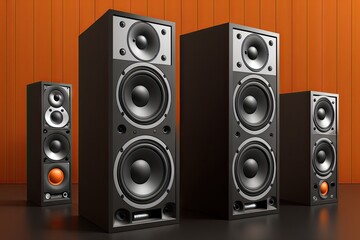 Obraz premium A bunch of music speakers in sound recording studio, professional hi-end loudspeakers, generative ai