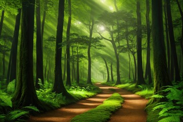 Winding gravel road through sunny green Forest illuminated by sunbeams through mist, generative ai