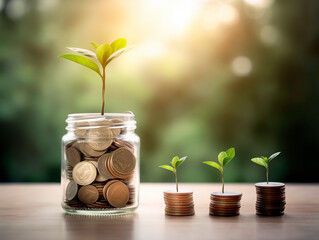 Fototapeta na wymiar Financial saving concept - plant growing out of coins