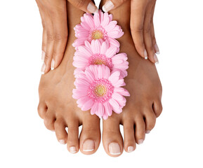 Woman, feet and top view of pedicure with flowers, natural skincare and isolated on transparent png...