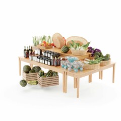 3D rendering of ripe vegetables and bottled spices in baskets on a wooden table