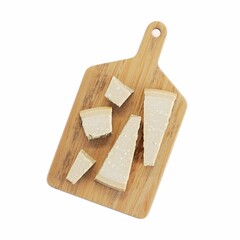 Top view of blocks of parmesan cheese on a cutting board isolated on a white background