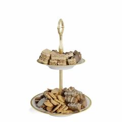 Fotobehang Closeup of two tier serving stand with wafers and cookies on the white background © Miklós Polgár/Wirestock Creators