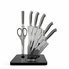Closeup of a compact knife stand with steel knives and scissors on the white background