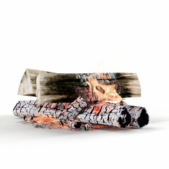 Closeup of burning wood chips forming a campfire on the white background