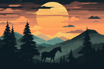 Horse in the mountains at sunset. Digital illustration in retro style, Generative Ai