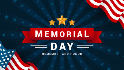 Memorial Day - Remember and honor greeting card vector design. USA flag on blue star and radial rays background