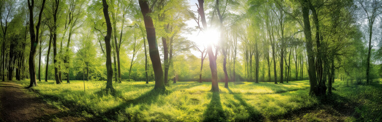 Trees in a field near the sun, in the style of panorama, pastoral charm, and colorscapes. Generative Ai.
