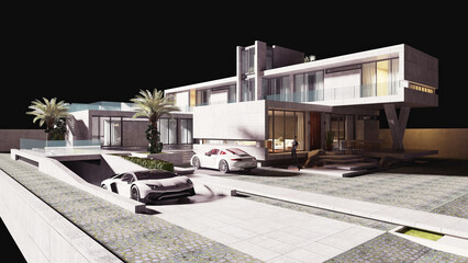 3d render luxury villa house exterior at nighr