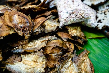 Closeup shot of dried fish at Luang Prabang Laos Asian morning market