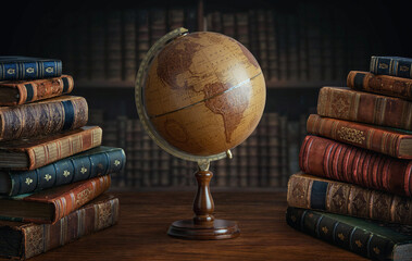 Old geographical globe and old book in cabinet with bookselfs. Science, education, travel...
