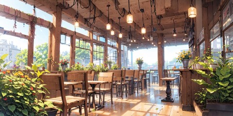 Fototapeta premium anime style background, game background, plants in cafe, coffee shop, diner, dinner, generative ai, generative, ai