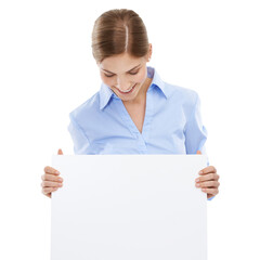 Fototapeta premium Banner, mockup and a woman with advertising space, billboard or mock up for brand logo. Female with announcement, product placement or signage for marketing isolated on a transparent png background