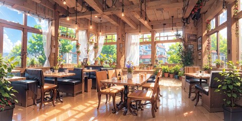 anime style background, game background, plants in cafe, coffee shop, diner, dinner, generative ai, generative, ai