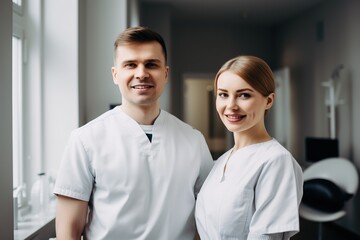 Fototapeta na wymiar Advertising portrait shot of a dentist standing together in a dental practice and they look at the camera. Generative AI