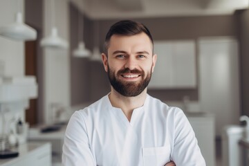 Naklejka premium Advertising portrait shot of a dentist standing together in a dental practice and they look at the camera. Generative AI