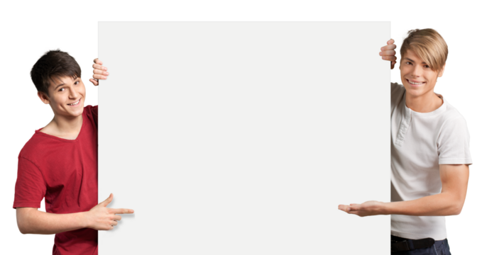 Close-up of a young man standing by white blank card - Powered by Adobe