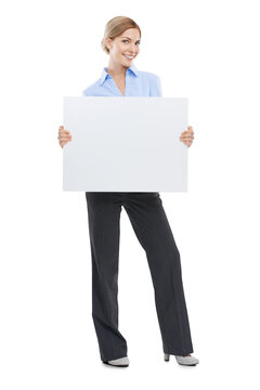 Portrait, professional and woman with poster, mockup and girl isolated against a transparent background. Face, female employee and consultant with blank board, brand development in png