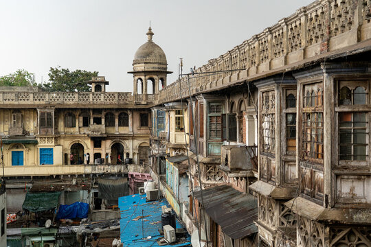 Old Delhi, India - March 30, 2023: The Gadodia market building at the Spice Market at Khari Baoli Road.