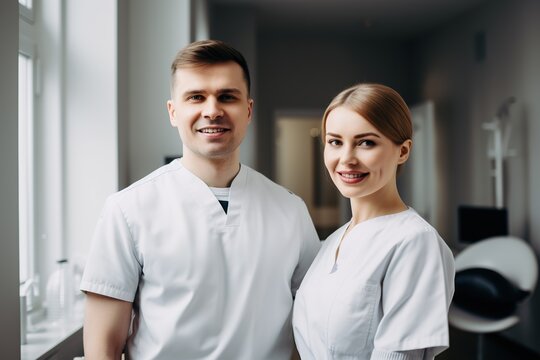 Advertising portrait shot of a dentist standing together in a dental practice and they look at the camera. Generative AI