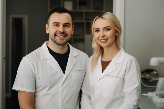 Advertising portrait shot of a dentist standing together in a dental practice and they look at the camera. Generative AI