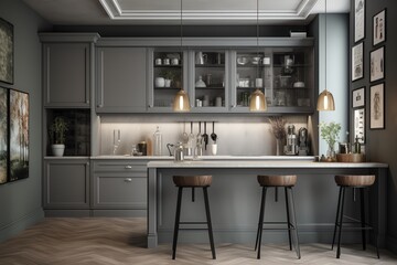 Fototapeta premium Gray kitchen with bar and poster. Generative AI
