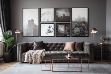 Gray living room with couch and posters. Generative AI