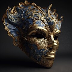 A blue Venetian carnival mask with intricate golden patterned designs. Generative ai