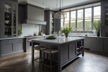 Grey kitchen with dining and bar island, window, frame. Generative AI