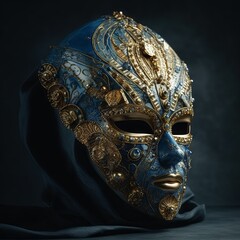 A blue Venetian carnival mask with intricate golden patterned designs. Generative ai