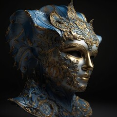 A blue Venetian carnival mask with intricate golden patterned designs. Generative ai